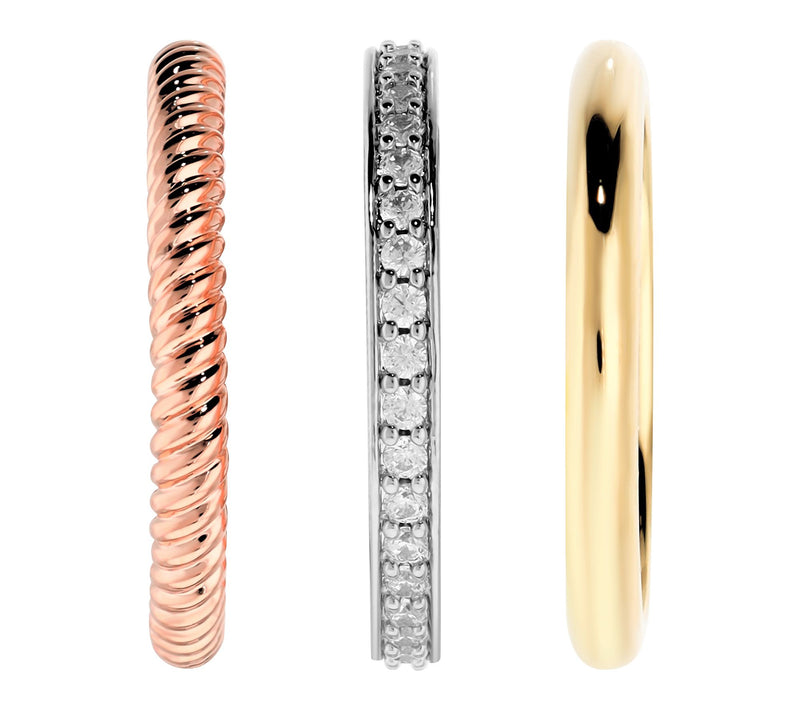 Diamonique x Bronzo Italia Set Of 3 Stackable Rings,18K Plated — View 2