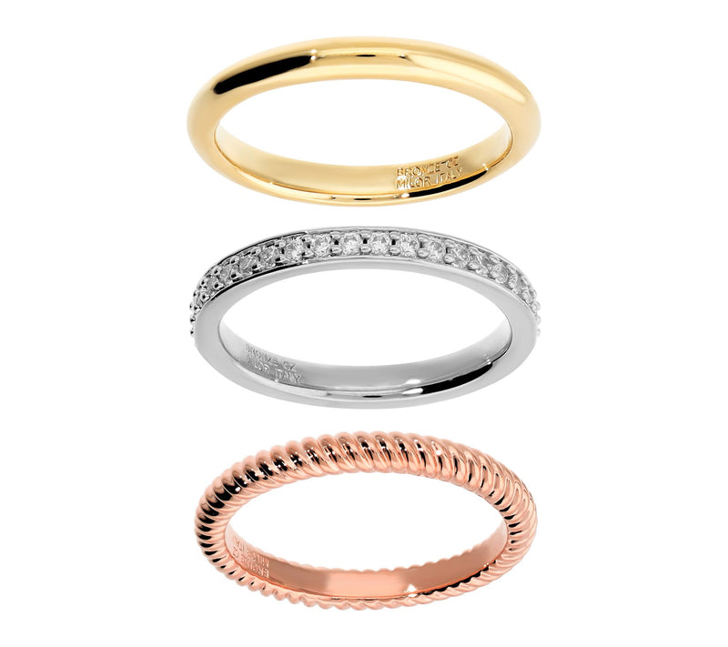 Diamonique x Bronzo Italia Set Of 3 Stackable Rings,18K Plated — Main view