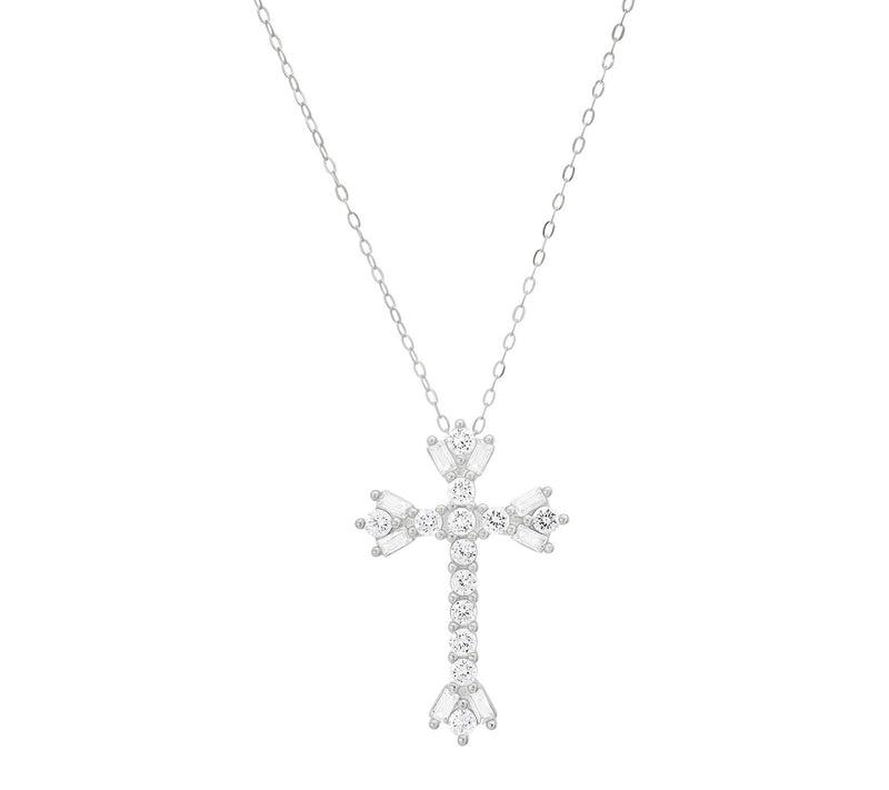 Diamonique Vintage Floral Cross Pendant w/ Chain, Sterling — View 4