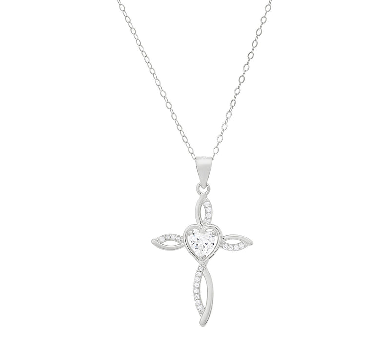 Diamonique Heart Swirling Cross Pendant w/ Chain, Sterling — View 4
