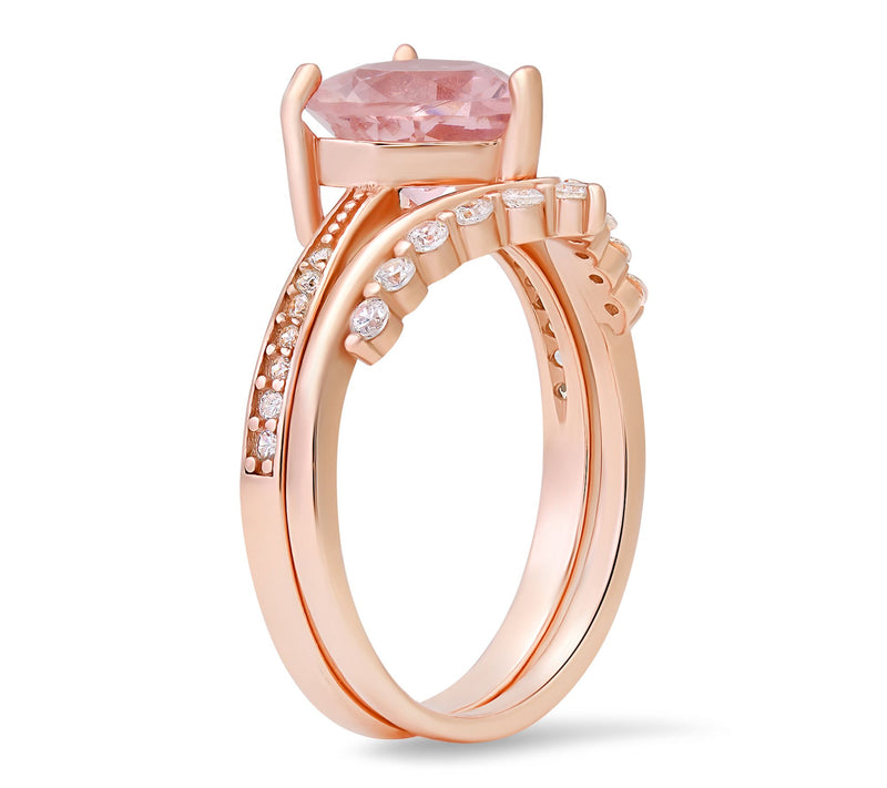 Diamonique Rosetone Pink Heart Stackable Ring Set, Sterling — View 2