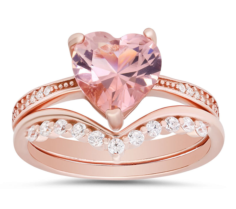 Diamonique Rosetone Pink Heart Stackable Ring Set, Sterling — Main view