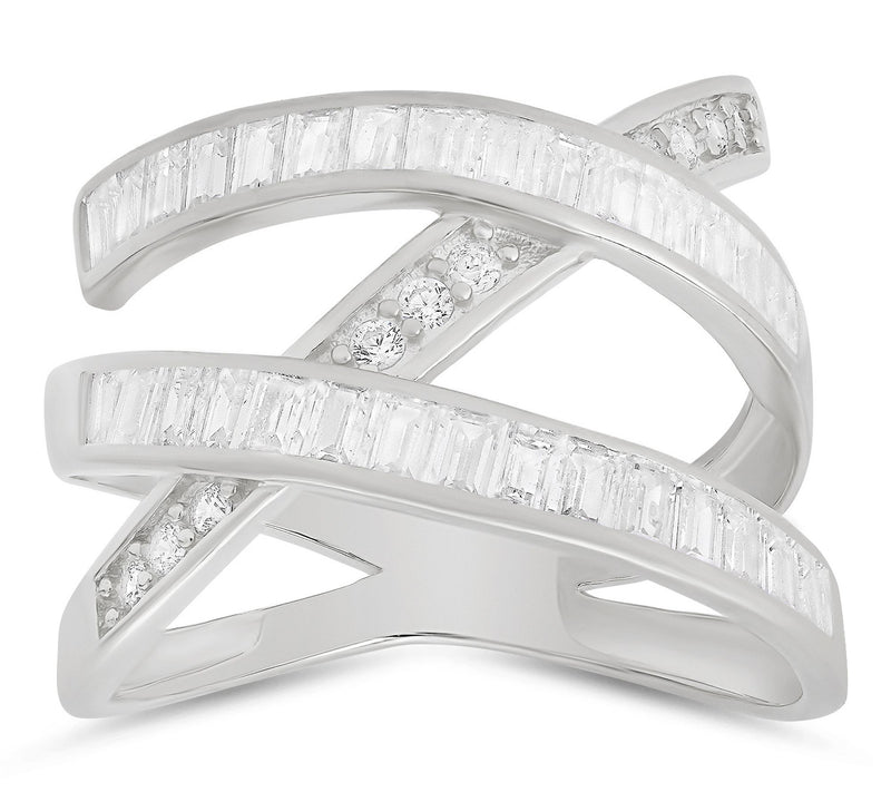 Diamonique Baguette Cut Highway Statement Ring,Sterling — Main view