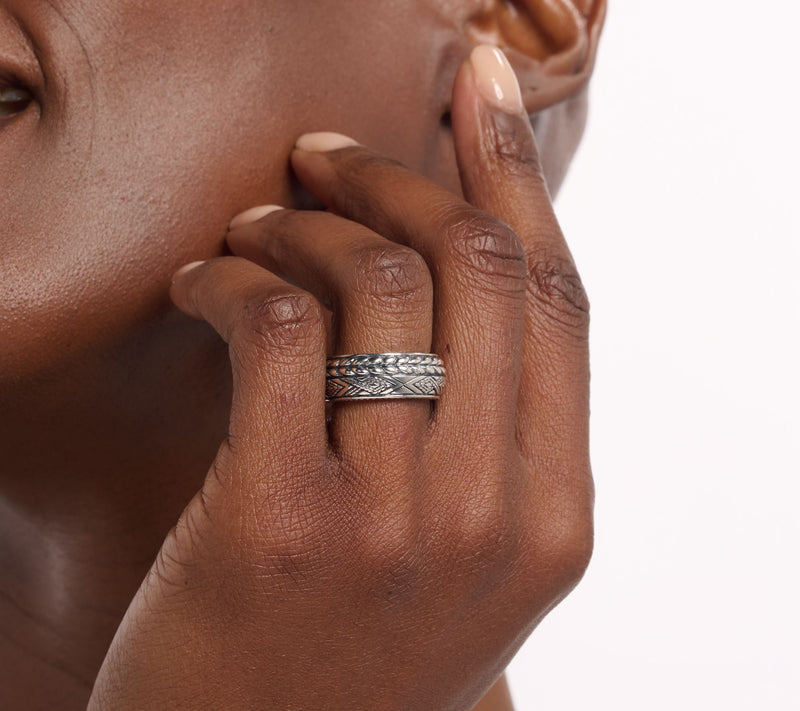 JAI x Alberti Sterling Silver Knife Edge Textured 8mm Band Ring — View 6