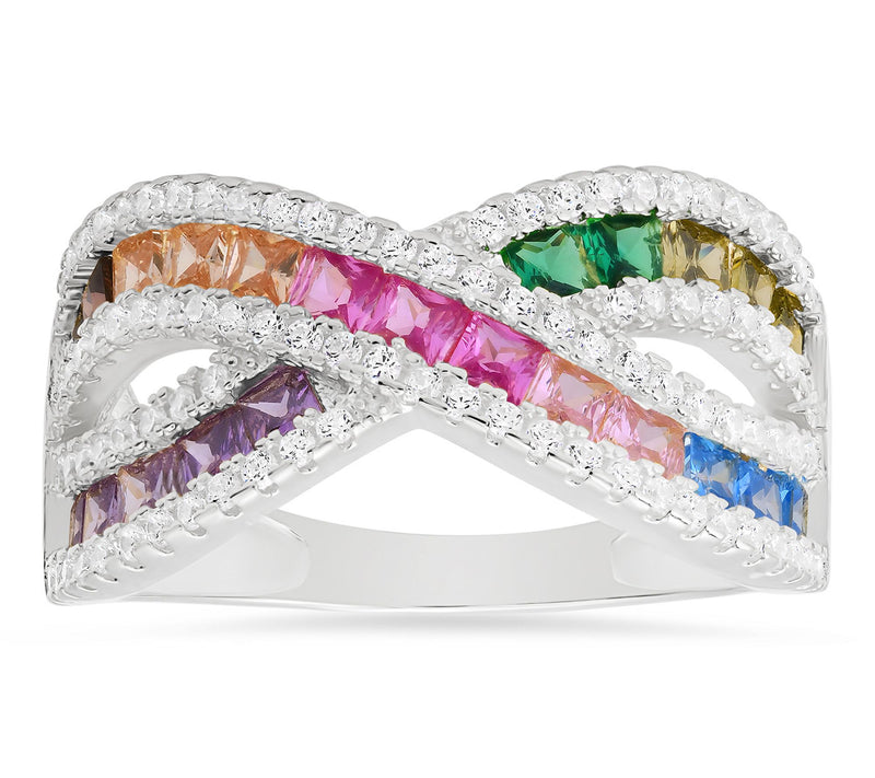 Diamonique Multi-Color Crossover Highway Ring,Sterling Silver — View 5