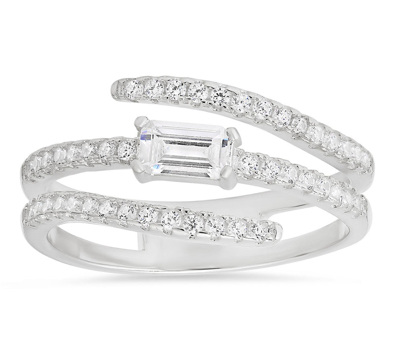 Diamonique Baguette Cut Crossover Ring, Sterling Silver — Main view