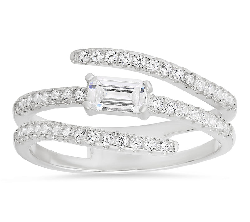 Diamonique Baguette Cut Crossover Ring, Sterling Silver — View 5