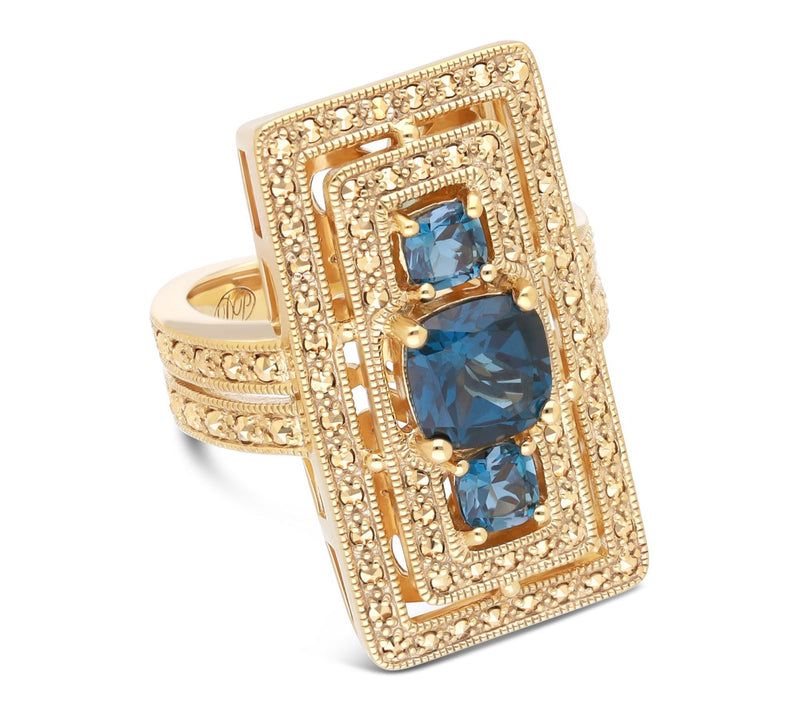 Dallas Prince 14K Clad Chrome Marcasite Blue Topaz Deco Ring — View 2