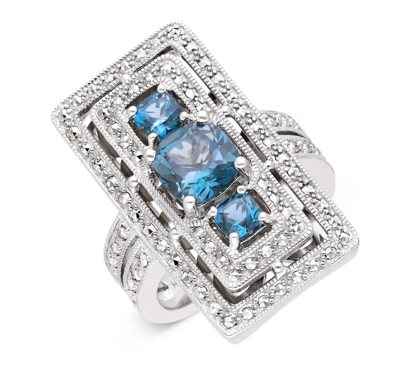 Dallas Prince Sterling Chrome Marcasite Blue Topaz Deco Ring — Main view