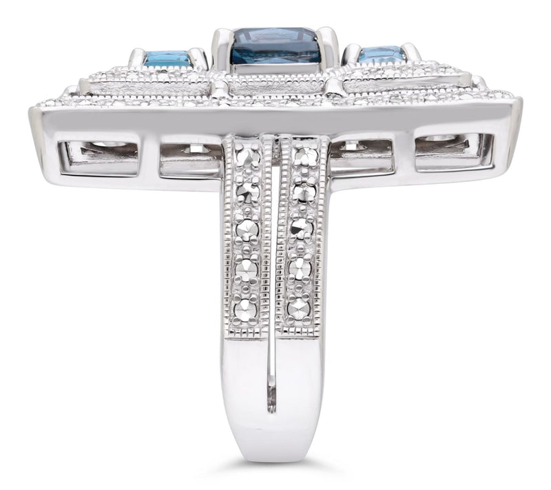 Dallas Prince Sterling Chrome Marcasite Blue Topaz Deco Ring — View 3
