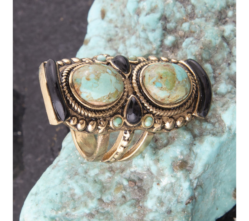 Barse Artisan Crafted Bronze Turquoise & Onyx Double Up Ring — View 4