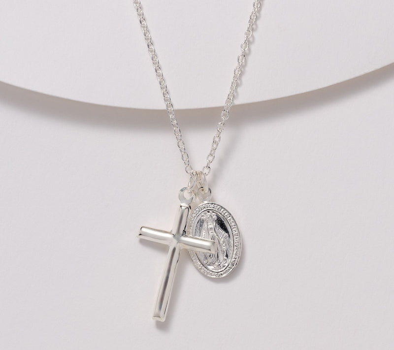 Ultrafine 950 Silver Cross & Miraculous Medal Pendant Necklace — View 8