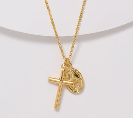 Ultrafine 950 Silver Cross & Miraculous Medal Pendant Necklace