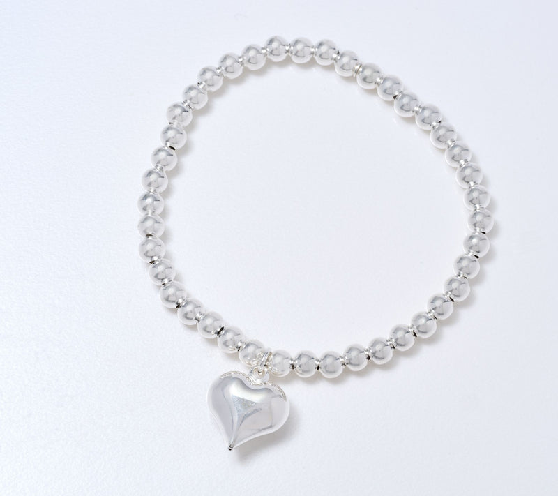 Ultrafine 950 Silver Beaded Stretch Bracelet w/ Heart Pendant — View 5