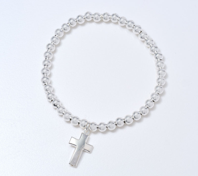 UltraFine 950 Silver Beaded Stretch Bracelet w/ Cross Pendant — View 5