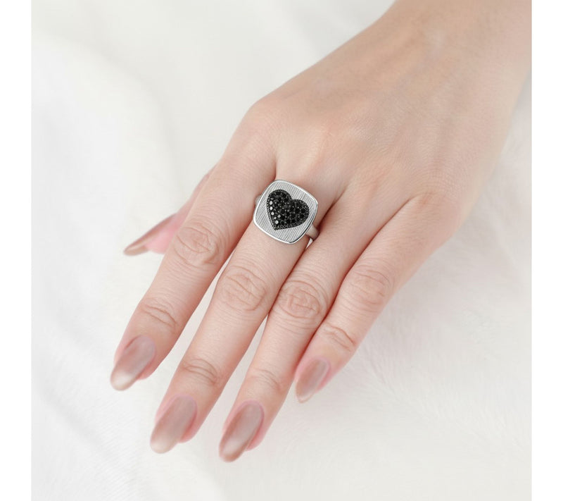 Ariva Sterling Silver Black Spinel BE MINE Heart Ring — View 5