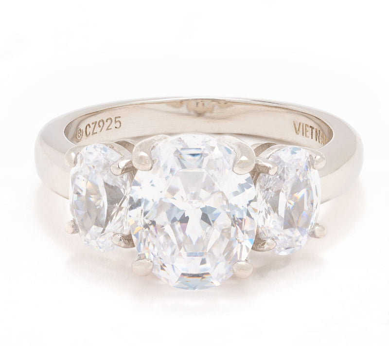 Diamonique Classics 100-Facet 3-Stone Ring, Sterling Silver — View 7