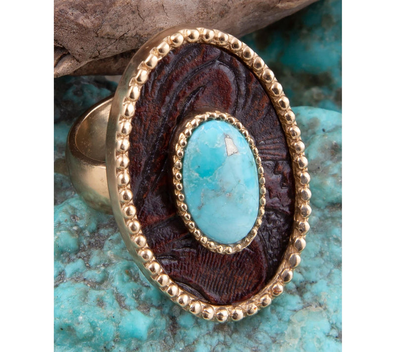Barse Artisan Crafted Turquoise Rosette LeatherGolden Ring — View 3