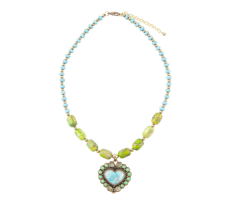 Barse Artisan Crafted Turquoise Heart Golden Necklace — View 2