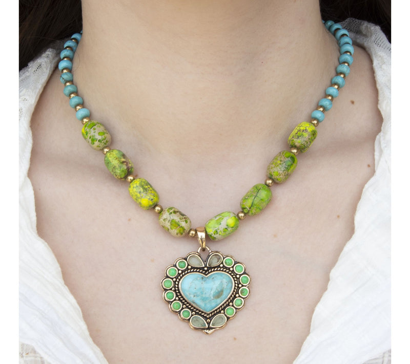 Barse Artisan Crafted Turquoise Heart Golden Necklace — View 4