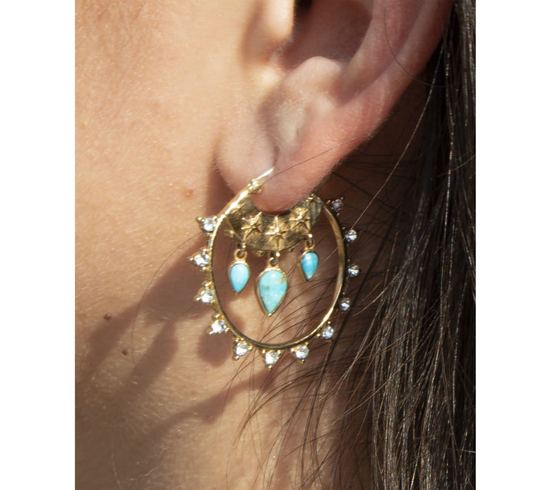 Barse Artisan Crafted Celestial Turquoise Golden Hoop Earrings — View 3