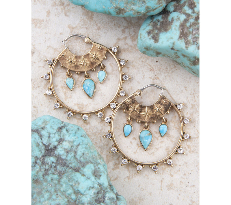 Barse Artisan Crafted Celestial Turquoise Golden Hoop Earrings — View 2