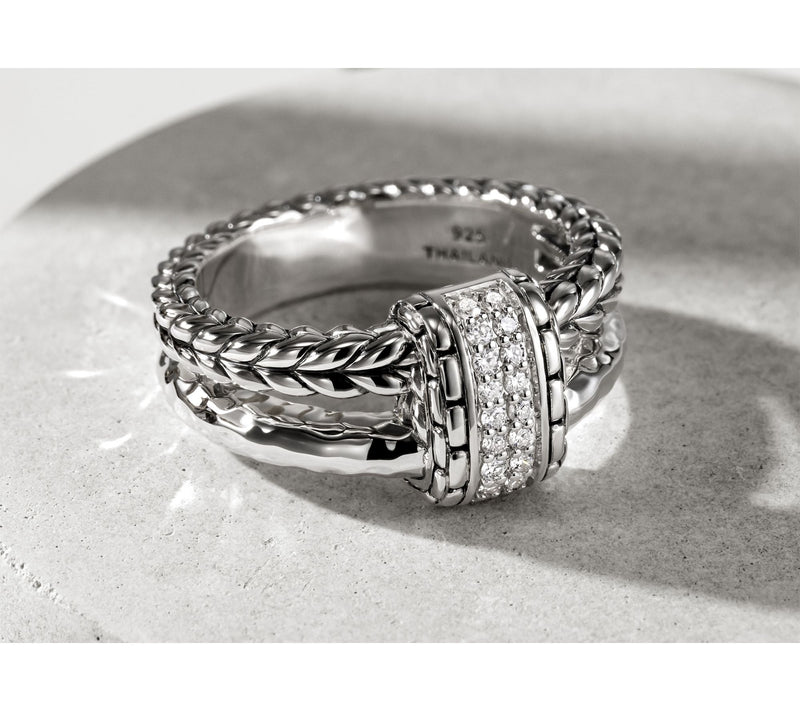 JAI Sterling Silver Pave Diamond Double Band Textured Ring — View 5