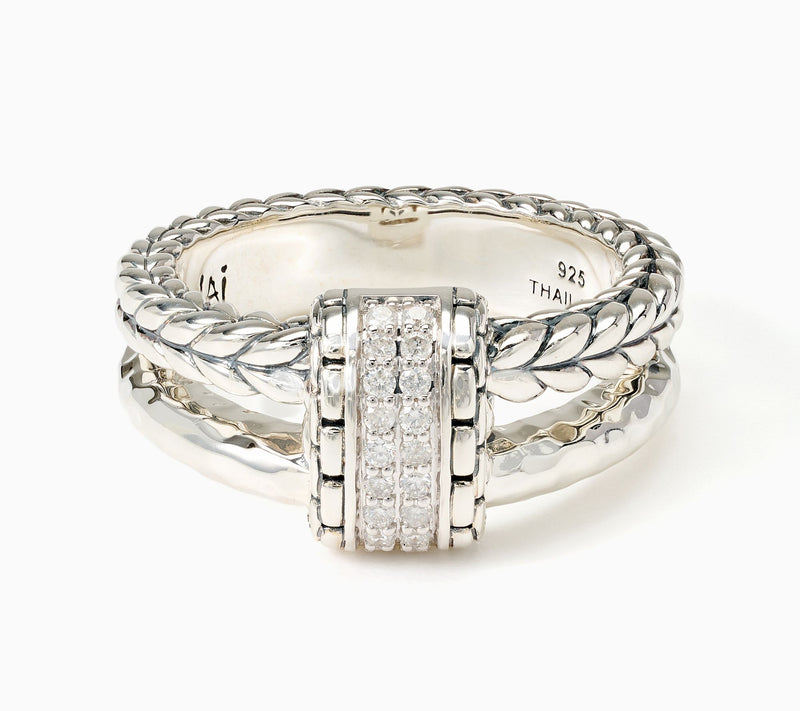 JAI Sterling Silver Pave Diamond Double Band Textured Ring — Main view