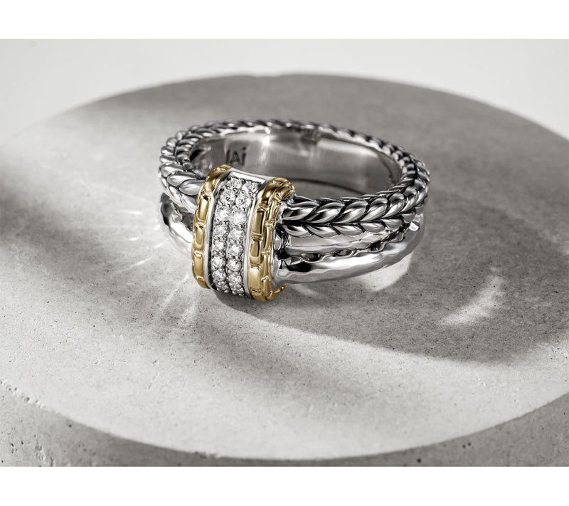 JAI Sterling Silver and 14K Gold Pave Diamond Textured Ring — View 5