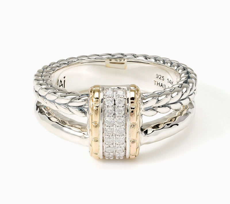 JAI Sterling Silver and 14K Gold Pave Diamond Textured Ring — Main view