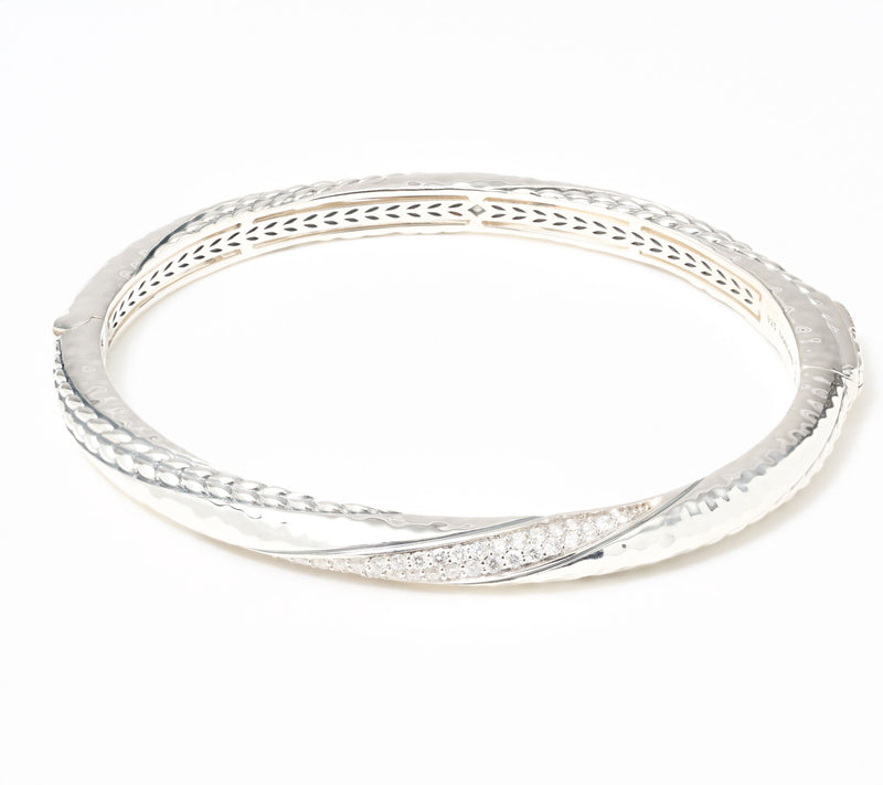 JAI Sterling Silver Pave Diamond Textured Bangle 0.53cttw — Main view