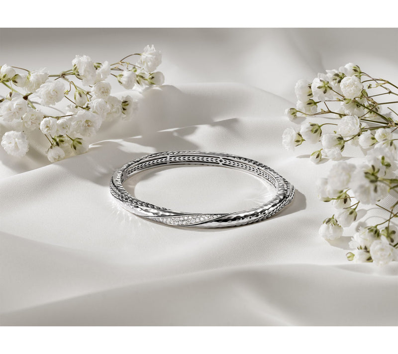 JAI Sterling Silver Pave Diamond Textured Bangle 0.53cttw — View 3