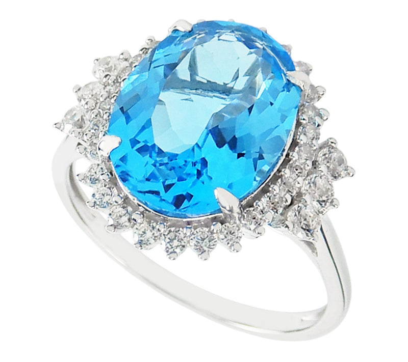 Diamonique & Swiss Blue Topaz Halo Ring, Sterling Silver — View 2