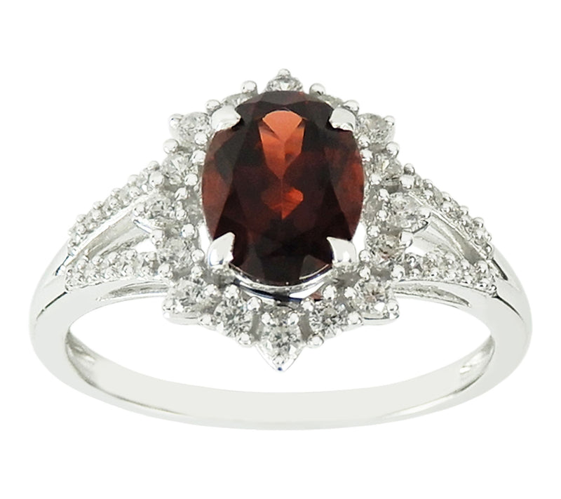 Diamonique & Garnet Halo Ring, Sterling Silver — Main view