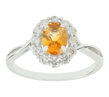 Diamonique & Citrine Oval Cut Halo Ring, Sterling Silver