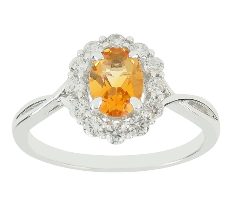 Diamonique & Citrine Oval Cut Halo Ring, Sterling Silver — Main view