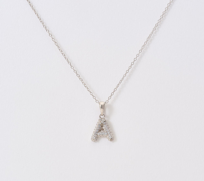 Diamonique Puffed Pave Bale Initial Necklace w/ Box, Sterling — View 31