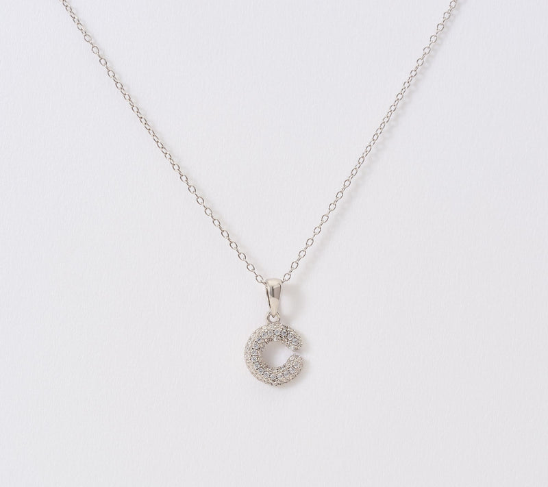 Diamonique Puffed Pave Bale Initial Necklace w/ Box, Sterling — View 33