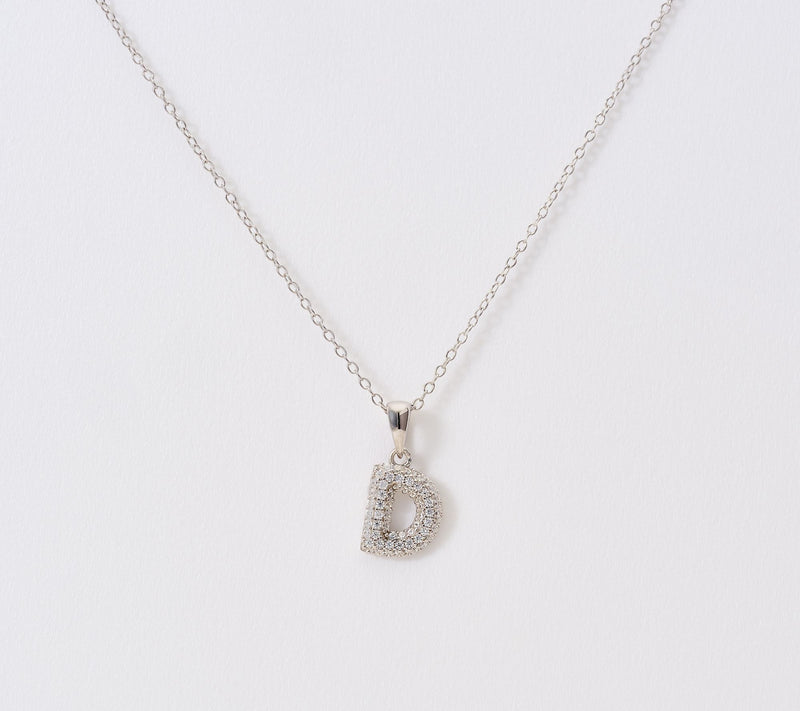 Diamonique Puffed Pave Bale Initial Necklace w/ Box, Sterling — View 34