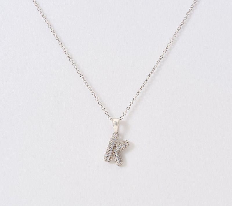 Diamonique Puffed Pave Bale Initial Necklace w/ Box, Sterling — View 41