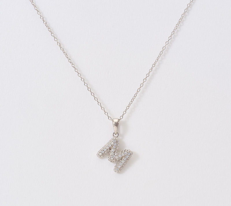 Diamonique Puffed Pave Bale Initial Necklace w/ Box, Sterling — View 43
