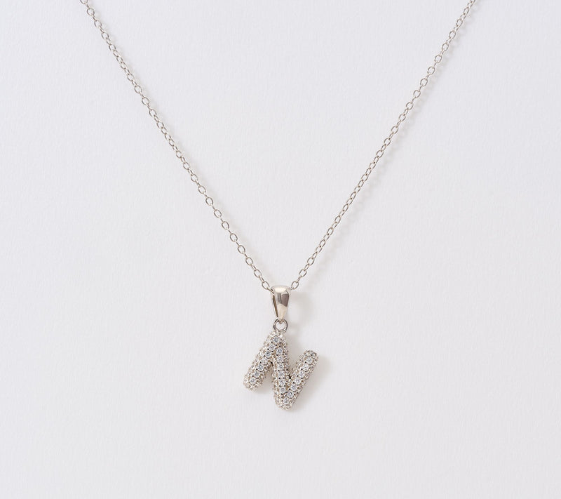 Diamonique Puffed Pave Bale Initial Necklace w/ Box, Sterling — View 44