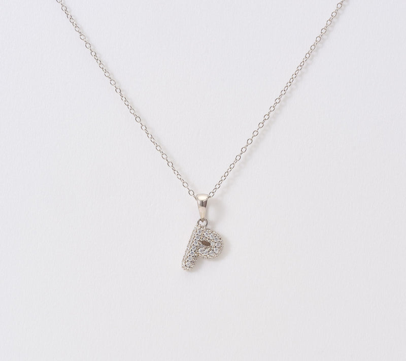 Diamonique Puffed Pave Bale Initial Necklace w/ Box, Sterling — View 46