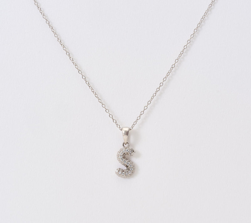 Diamonique Puffed Pave Bale Initial Necklace w/ Box, Sterling — View 49