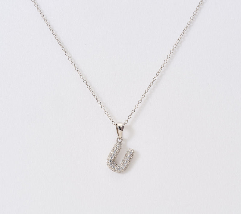 Diamonique Puffed Pave Bale Initial Necklace w/ Box, Sterling — View 51