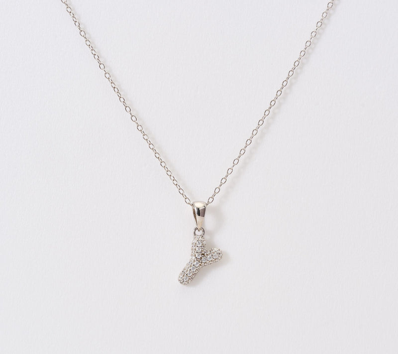 Diamonique Puffed Pave Bale Initial Necklace w/ Box, Sterling — View 55