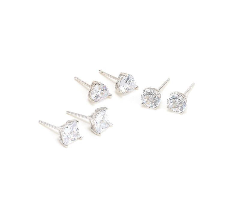 Diamonique Set of 3 Mixed Cut Stud Earrings w/ Box Sterling Silver — View 2