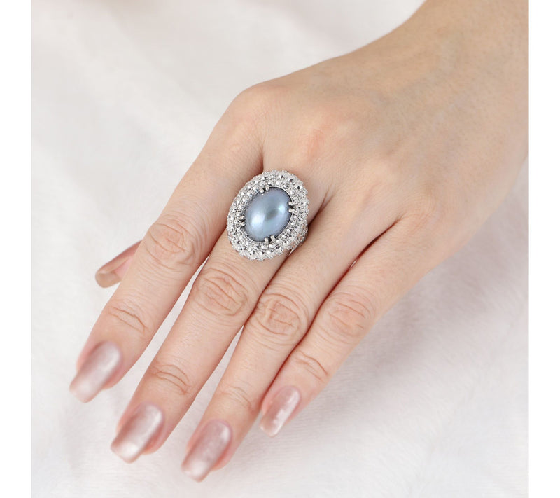Dallas Prince Sterling Mabe Pearl & Chrome Marcasite Halo Ring — View 4