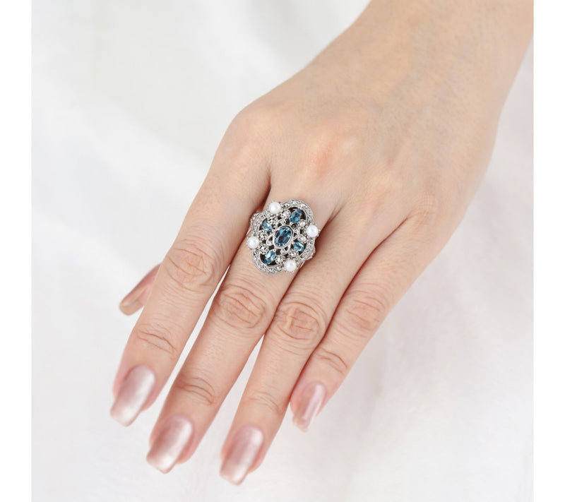Dallas Prince Sterling Chrome Marcasite, Pearl& Topaz Ring — View 4