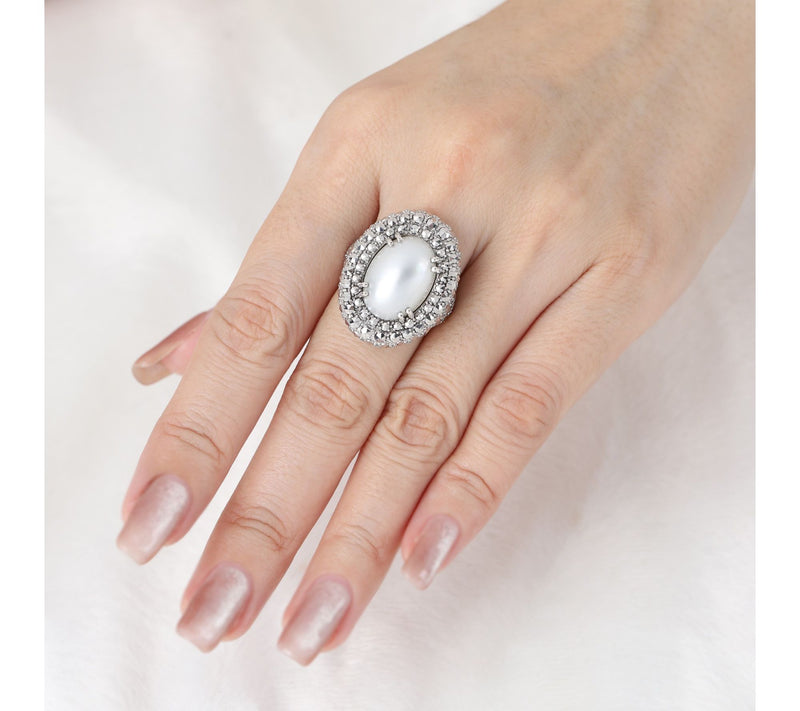 Dallas Prince Sterling Chrome Marcasite White Mabe Pearl Ring — View 4